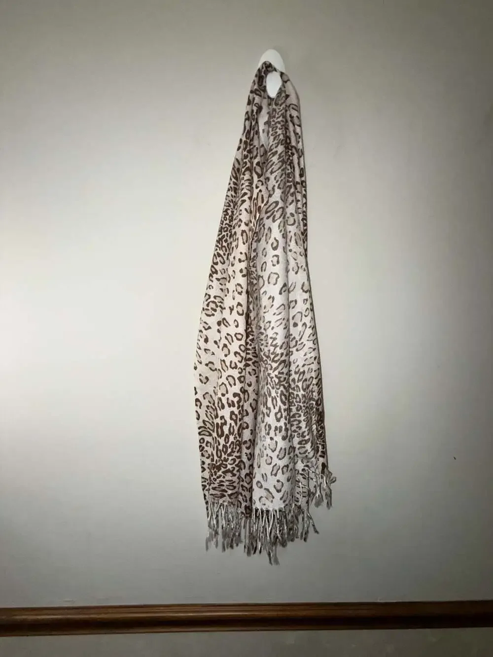 Classic Brown and Ivory Leopard Print Fringed Pashmina Shawl Scarf